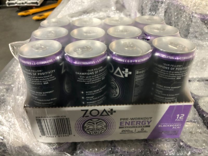 Photo 1 of ( EXP 3/29/23) ZOA Plus  Pre-Workout Drink, Ready to Drink BLKBERRY ACAI