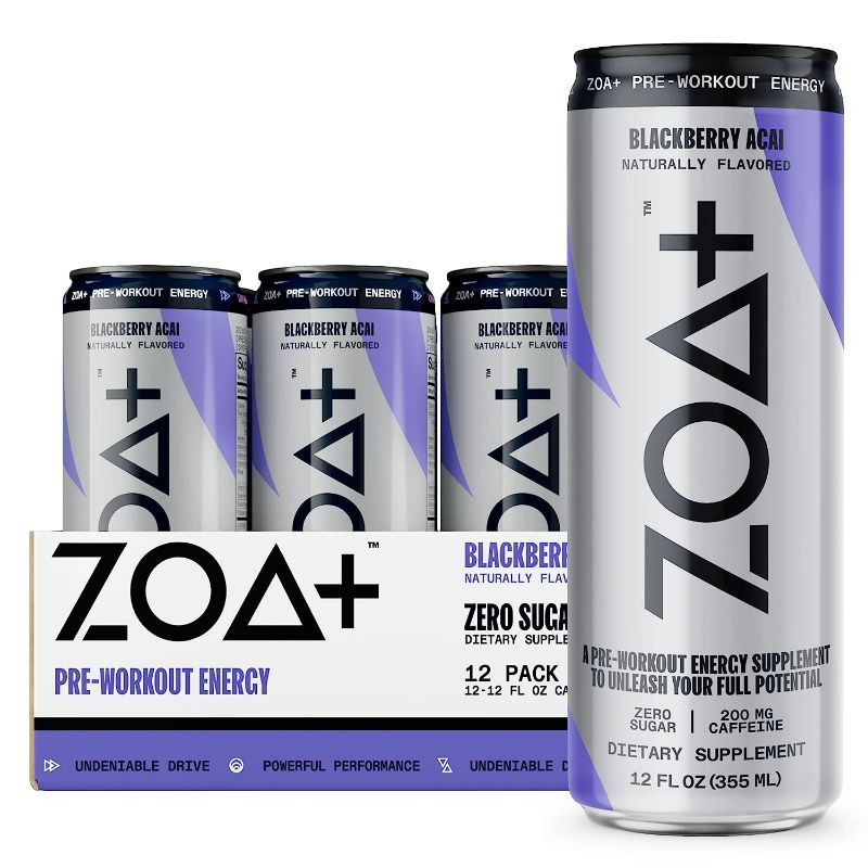 Photo 1 of ( EXP 3/29/23) ZOA Plus  Pre-Workout Drink, Ready to Drink BLKBERRY ACAI