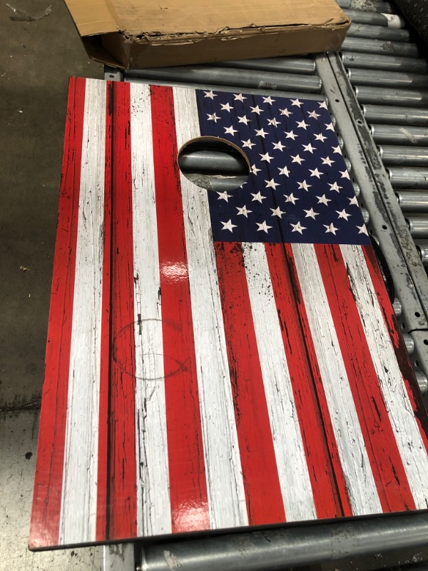 Photo 5 of **MINOR DAMAGE* MISSING CARRY CASE** GoSports American Flag Cornhole Set with Wood Plank Design - Includes Two 3' x 2' Boards, 8 Bean Bags, Carrying Case and Game Rules
