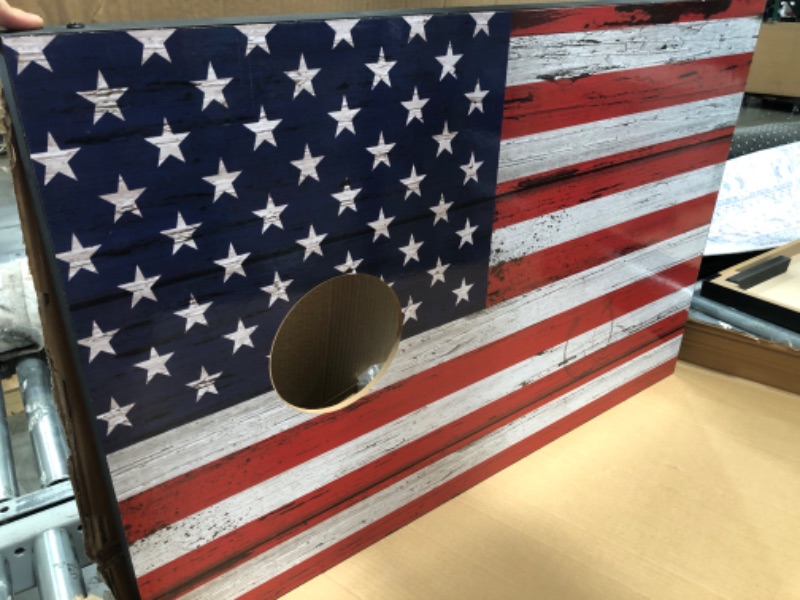 Photo 4 of **MINOR DAMAGE* MISSING CARRY CASE** GoSports American Flag Cornhole Set with Wood Plank Design - Includes Two 3' x 2' Boards, 8 Bean Bags, Carrying Case and Game Rules
