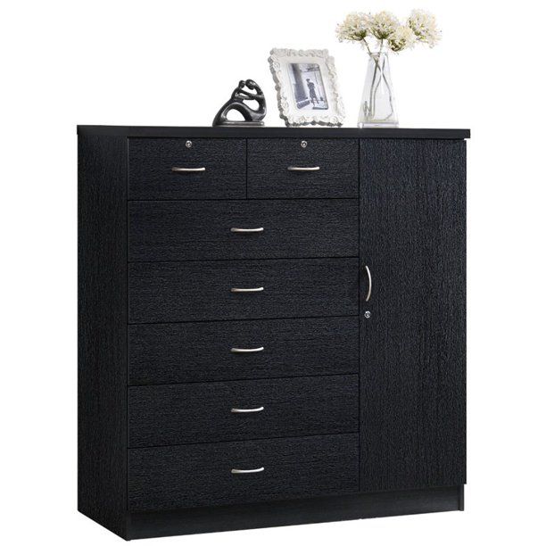 Photo 1 of **INCOMPLETE BOX 2 OF 2**Hodedah 7 Drawer Chest with Locks on 2 Drawers and 1 Door in Black Wood
