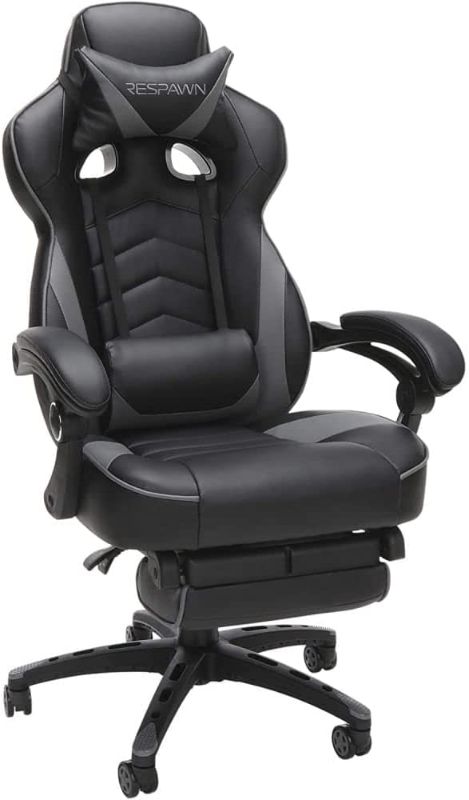 Photo 1 of RESPAWN 110 Racing Style Gaming Chair, Reclining Ergonomic Leather Chair with Footrest, in Gray (RSP-110-GRY)
