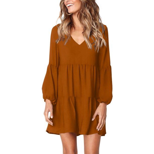 Photo 1 of  5 Pack Amoretu Womens V Neck Long Sleeve Casual Loose Shift Dresses(Brown S).
