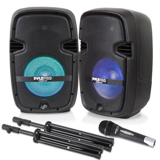 Photo 1 of **MINOR DAMAGE TO MIC* PYLE PPHP210AMX - Stage & Studio PA Speaker & DJ Mixer Bundle Kit - (2) 10?? Bluetooth PA Loud-Speakers with Built-in LED Lights 8-Ch. Audio Mixer S
