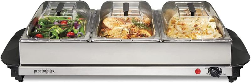 Photo 1 of Proctor-Silex Buffet Server & Food Warmer, Adjustable Heat, for Parties, Holidays and Entertaining, Three 2.5 Quart Oven-Safe Chafing Dish Set, Stainless Steel

-powers on 