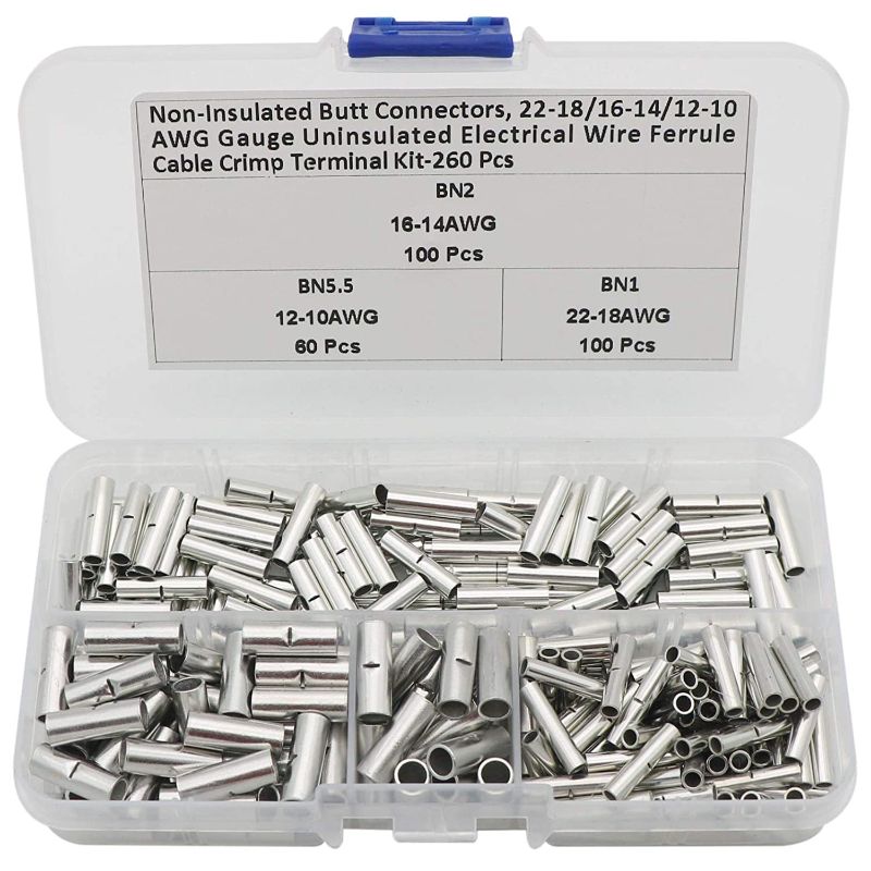 Photo 1 of 260 Pcs Non Insulated Butt Connectors 22-18/16-14/12-10 AWG Gauge Uninsulated Electrical Wire Ferrules Cable Crimp Terminal Kit for Electrical Splice DIY
