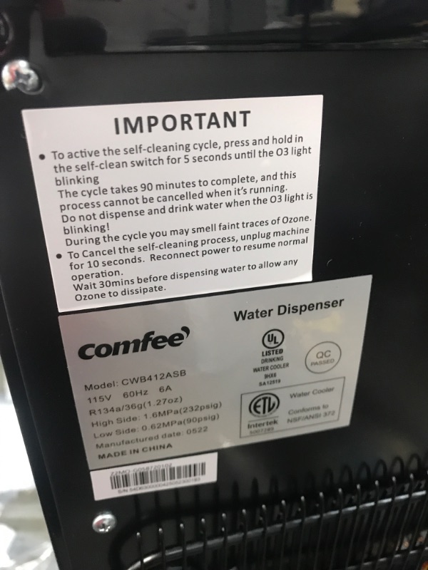 Photo 3 of **DAMAGED** Comfee Bottom Loading Water Dispenser Express Cooling Water Cooler with Cold, Hot & Room 3-Temps, O-Zone Self-Cleaning, Anti-Microbial Coating, Stainless Steel, Holds 3 to 5 Gallon Bottles
