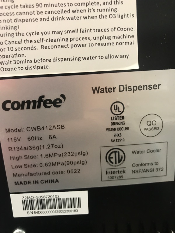 Photo 4 of **DAMAGED** Comfee Bottom Loading Water Dispenser Express Cooling Water Cooler with Cold, Hot & Room 3-Temps, O-Zone Self-Cleaning, Anti-Microbial Coating, Stainless Steel, Holds 3 to 5 Gallon Bottles
