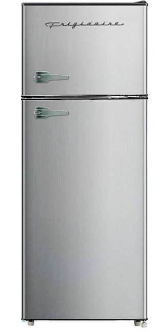 Photo 1 of **DAMAGED** TESTED** Frigidaire 7.5 cu ft, 2-Door Apartment Size Refrigerator with Top Freezer, Platinum Series, Stainless Steel
