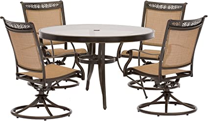 Photo 1 of (48" PATIO TABLE ONLY) Hanover Fontana 5-Piece Free Aluminum Outdoor Patio Set with Rust-FreeAluminum Cedar TanSwivel Rockers, and Tempered Glass Round Dining Table, FNTDN5PCSWG, Tan 