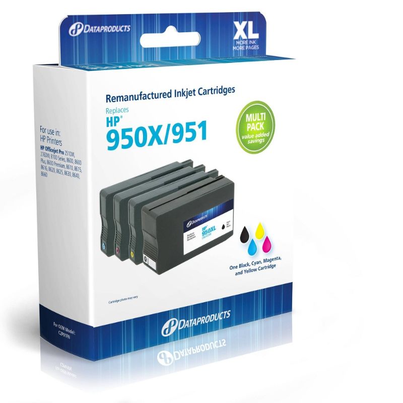 Photo 1 of Remanufactured Black XL+Cyan/Magenta/Yellow 4-Pack High Yield/Standard Ink Cartridges-Compatible with HP 950XL/951 Ink Series (C2P01FN)-Dataproducts
