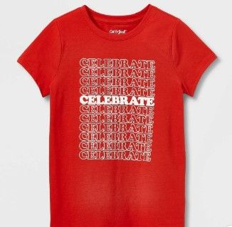 Photo 1 of **SET OF 4** Girls' 'Celebrate' Short Sleeve Graphic T-Shirt - Cat & Jack™ Red 2 MEDIUM ONE XL AND ONE SMALL

