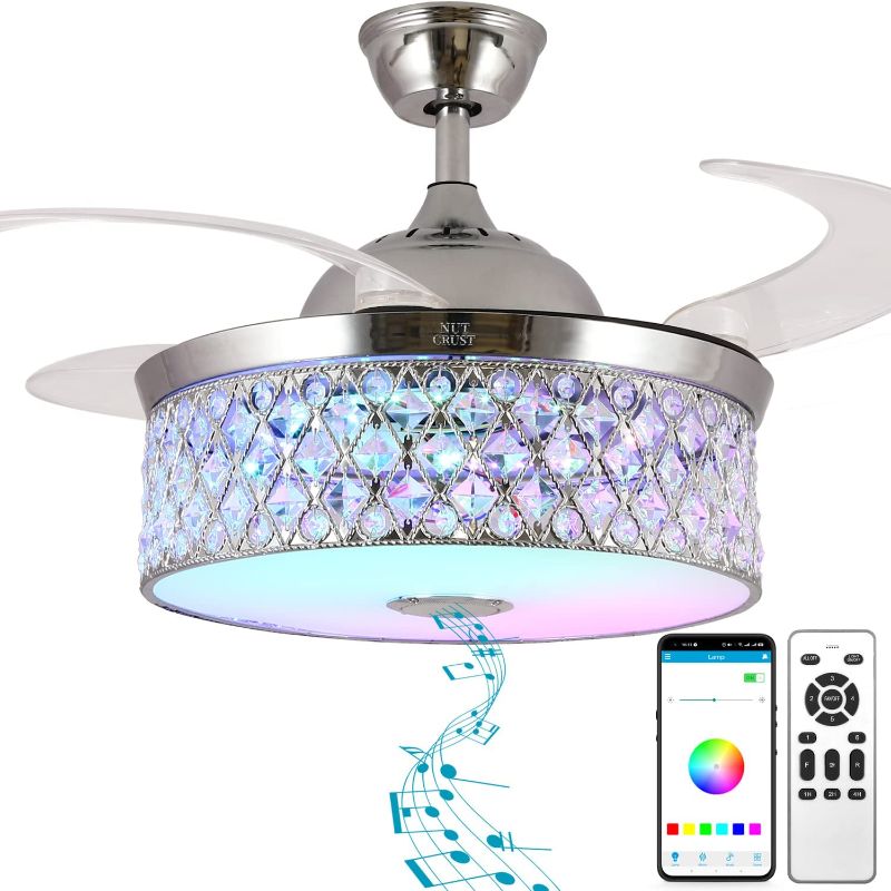 Photo 1 of NUTCRUST Retractable Ceiling Fan with Light and Bluetooth Speaker, Remote and APP Control, 7 Color Changes Chandelier Ceiling Fan with Color Temperature Memory, 6 Speeds Reversible Blade gold
