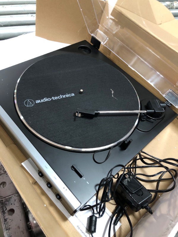 Photo 3 of Audio-Technica AT-LP60X-GM Fully Automatic Belt-Drive Stereo Turntable, Gunmetal/Black, Hi-Fi, 2 Speed, Dust Cover, Anti-Resonance, Die-Cast Aluminum Platter
