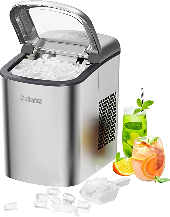 Photo 1 of Galanz GLCI26SRA3A Portable Countertop Electric Ice Maker Machine 26 lbs in 24 Hours, 9 Bullet Shaped Cubes Ready in 9 Minutes, 2 Ice Sizes, Perfect for Parties & Home Bar, 2.1 L, Silver
