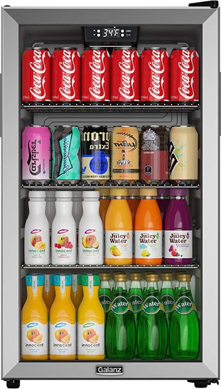 Photo 1 of Galanz Beverage Refrigerator Cooler - 130 Can Mini Fridge with Reversible Glass Door & Adjustable Shelves for Soda Beer or Wine - Small Refrigerator for home office or Bar Stainless steel GLB36MS2F07
