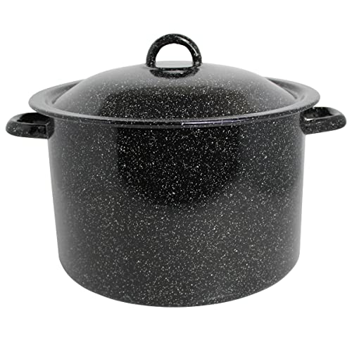 Photo 1 of *Minor Dent*  7.75Qt Traditional Vintage Style Black Speckled Enamel Stock Pot with Lid
