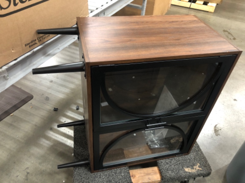 Photo 3 of **DAMAGED** 30" Industrial Chic Transitional Mid Century Modern Metal Door w/ Tempered Glass Accent Console Bar Storage Cabinet in Dark Walnut - Walker Edison AF30LOLADW
