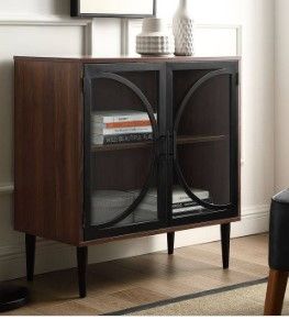 Photo 1 of **DAMAGED** 30" Industrial Chic Transitional Mid Century Modern Metal Door w/ Tempered Glass Accent Console Bar Storage Cabinet in Dark Walnut - Walker Edison AF30LOLADW
