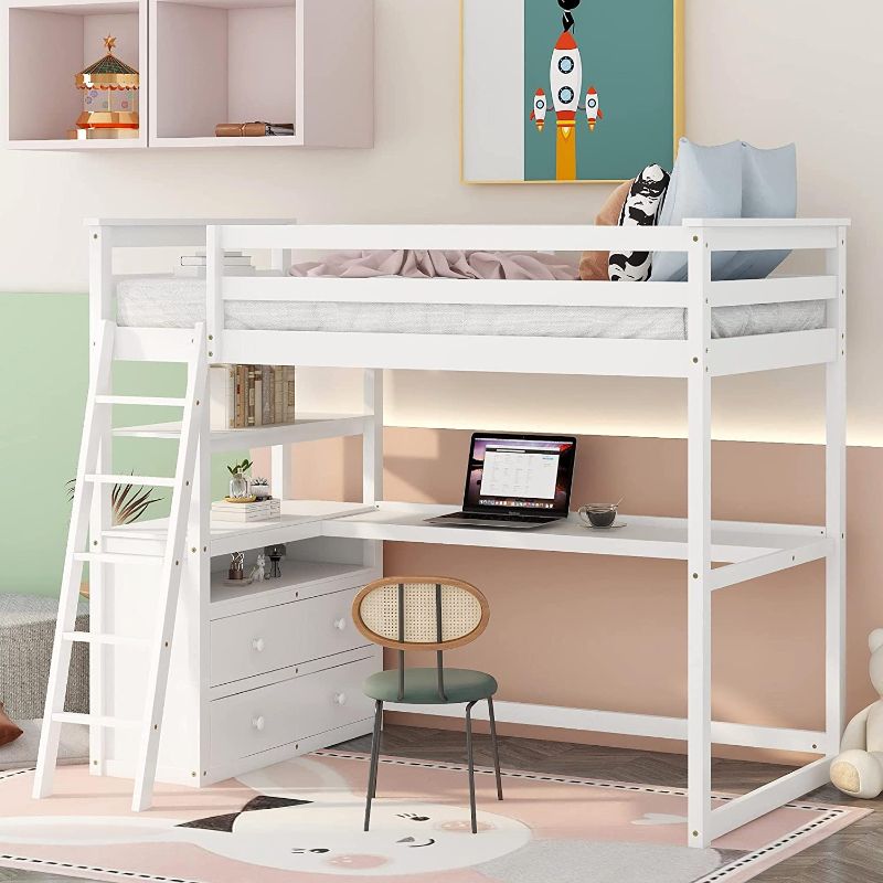 Photo 1 of (Incomplete - Box 1 of 2 Only) Twin Size Loft Bed with Desk and Shelves, Wooden Loft Bed Twin with Two Built-in Drawers for Kids Teens Boys Girls ,No Box Spring Needed,White
