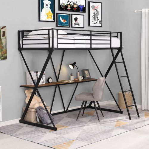 Photo 1 of -incompletre-box1of2 only)Twin Loft Bed With Desk, Loft Bed With Ladder And Full-Length Guardrails, X-Shaped Frame, Black