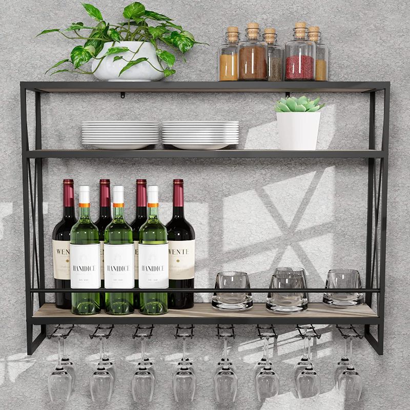 Photo 1 of (3 Tier - 31.5in - Black) Industrial Wine Rack Wall Mounted, Wall Wine Rack, Hanging Wine Rack, 100% Pine Solid Wood, 100% Galvanized Steel
