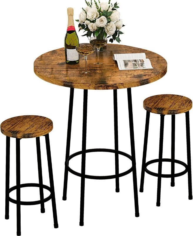 Photo 1 of **SEE CLERK COMMENTS*
Recaceik 3 Piece Pub Dining Set, Modern Round bar Table and Stools for 2 Kitchen Counter Height Wood Top Bistro Easy Assemble for Breakfast Nook Living Room Small Space Restaurant, Rustic Brown 23
