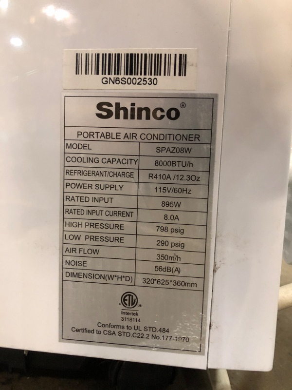 Photo 4 of TESTED POWERS ON BUT DOES NOT BLOW AC**
SHINCO SPAZ08W 8000 BTU PORTABLE AC UNIT 