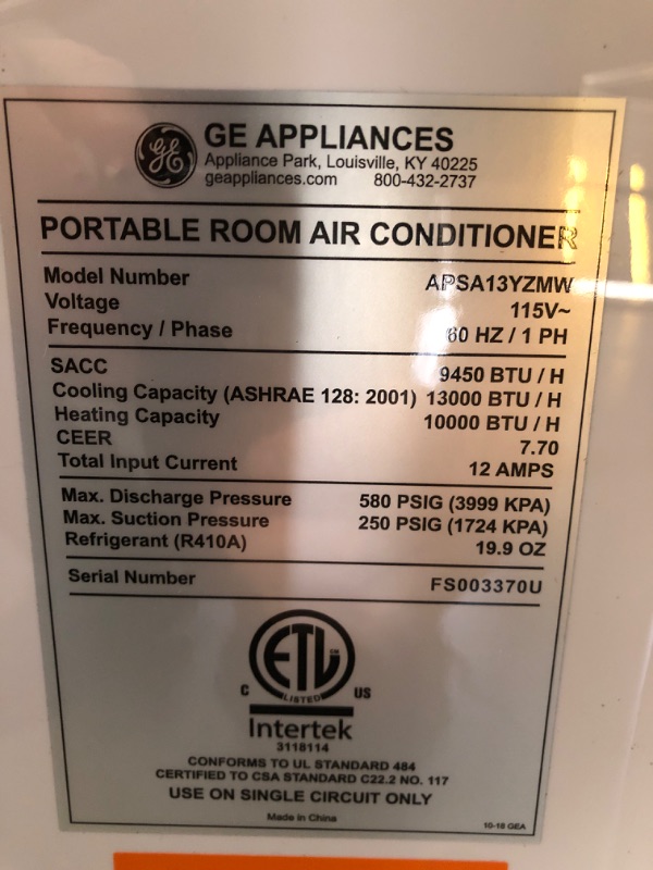 Photo 4 of TESTED BLOWS COLD AC*
GE 4-in-1 Technology | Air Conditioner, Space Heater, Dehumidifier & Portable Fan | 13,000 BTU | Easy Install Kit Included | Cools & Heats Large Rooms Up to 550 Sq Ft | All-Season Home Essentials
