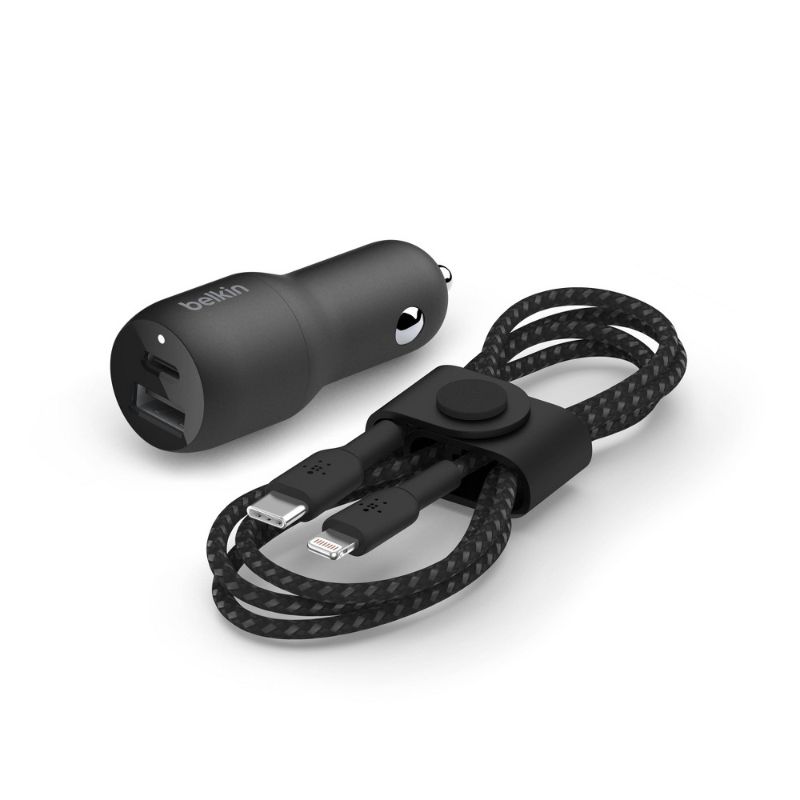 Photo 1 of Belkin BoostCharge Dual Port Car Charger USB-C (20W) + USB-a (12W) + Cable and Strap - Black
