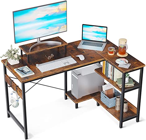 Photo 1 of L Shaped Desk with Storage Shelves, 47 inch Corner Desk with Monitor Stand for Small Space, Writing Study Table for Home Office, Rustic Brown
