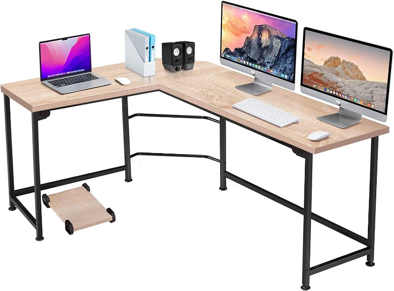 Photo 1 of VECELO Modern Large Corner Computer Desks L-Shaped with CPU Stand/PC Laptop Study Writing Table Workstation for Home Office Wood & Metal, 66.3X18.9 inch, Oak
