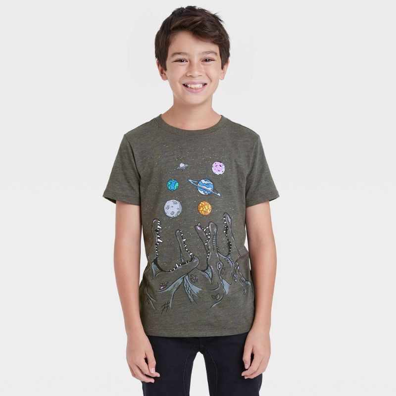 Photo 1 of (BUNDLE OF 4 BOYS GRAPHIC TEES) Boys' 'Crocodies in Space' Graphic Short Seeve T-Shirt - Cat & Jack™ Charcoa Gray SIZE LARGE (12/14)