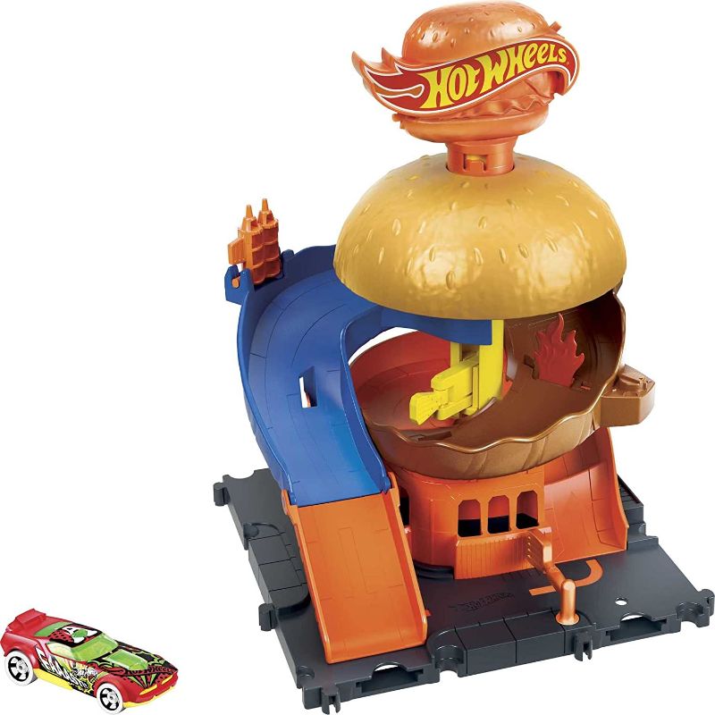 Photo 2 of 2 item bundle)))) Hot Wheels 9-Car Collector Die-Cast Vehicle Gift Pack (4 CARS MISSING) + Hot Wheels City Burger Drive-Thru Playset with 1 Vehicle, Connects to Other Playsets & Tracks, Gift for Kids Ages 4 to 8 Years Old