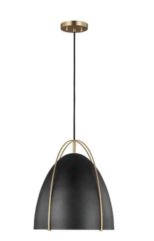 Photo 1 of 
Sea Gull Lighting Norman 1-Light Satin Brass Modern Industrial Hanging Pendant with Black Metal Shade and Dimmable LED Bulb