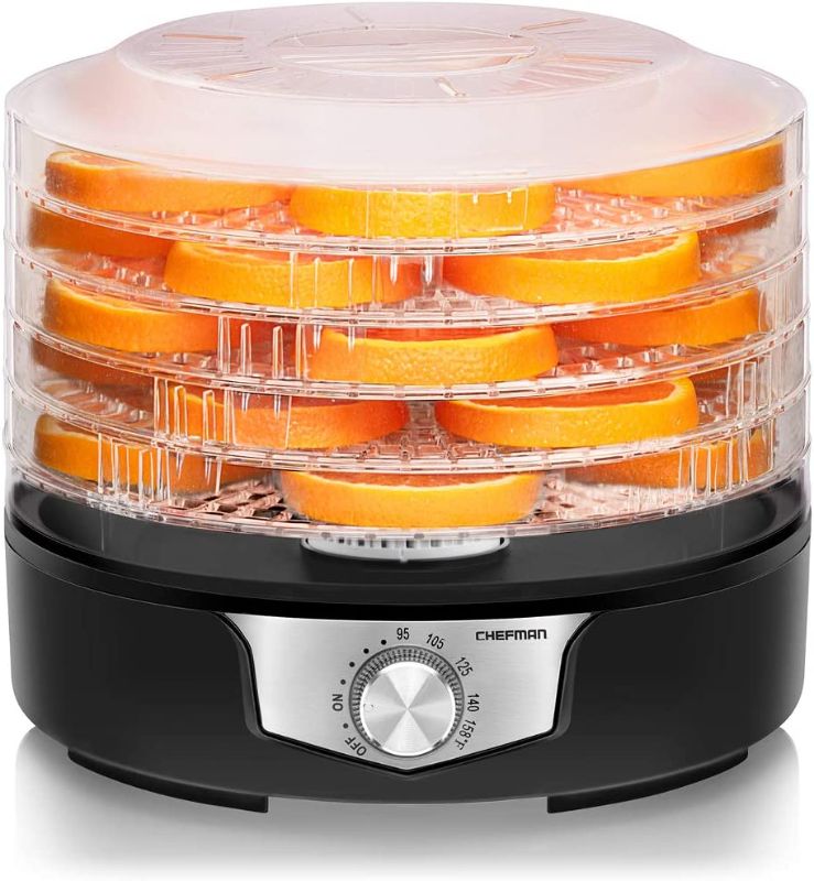 Photo 1 of Chefman 5-Tray Food Dehydrator, 11.4-Inch Transparent Trays, Adjustable Temperature Control, Easily Create Dried Snacks For The Family, Prepare Fruits, Jerky, Vegetables, Meats, & Herbs

**USED, TESTED-POWERS ON
