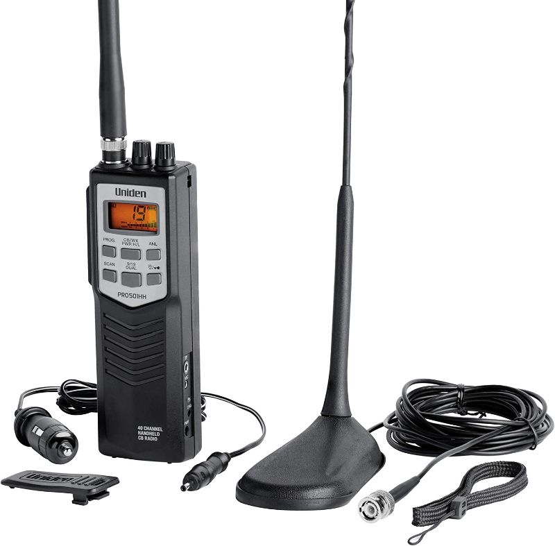 Photo 1 of Uniden PRO501TK Pro-Series 40-Channel Portable Handheld CB Radio, Two-Way Emergency Radio, includes High-Gain Magnet Mount Antenna, Auto Noise Limiter, NOAA Weather, and Full Channel Scan
