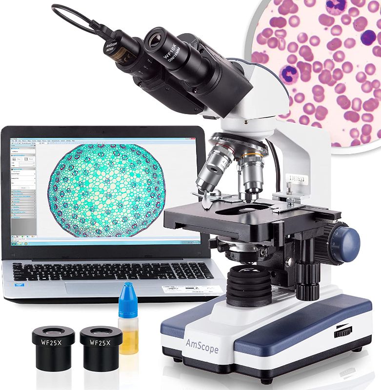 Photo 1 of AmScope B120C-E1 40X-2500X LED Biological Binocular Compound Microscope with 3D Double Layer Mechanical Stage + 1.0 MP USB Digital Camera Imager

