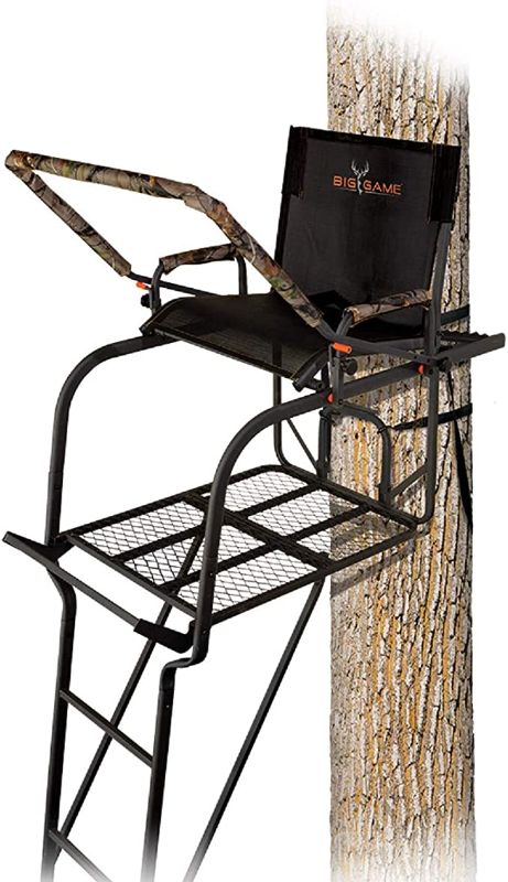 Photo 1 of (MISSING HARDWARE) BIG GAME Hunter HD 1.5 Treestand - Adjustable Shooting Rail, Extra Wide/Deep Platform for Wide Stances, Flex Tek Comfort Seating 18.6' Tall, Black
