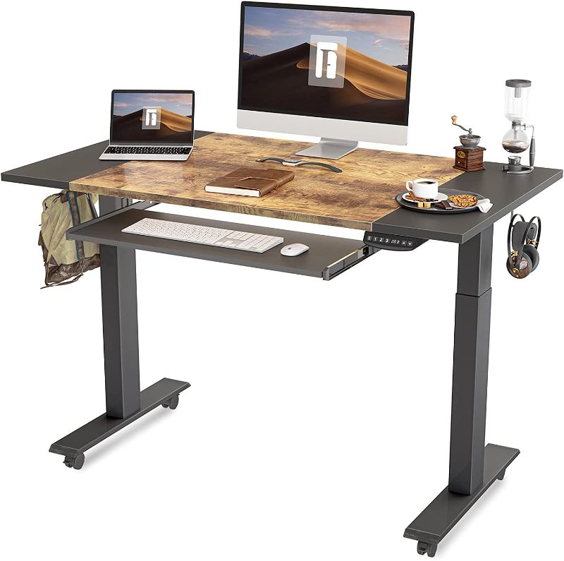 Photo 1 of FEZIBO Dual Motor Height Adjustable Electric Standing Desk with Keyboard Tray, 48 x 24 Inch Sit Stand Table with Splice Board, Black Frame/Black and Rustic Brown Top
