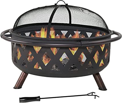 Photo 1 of (SCRATCHED; DENTED; MISSING MANUAL) Sunnydaze Black Crossweave Large Outdoor Fire Pit - 36-Inch Heavy-Duty Wood-Burning Fire Pit with Spark Screen for Patio & Backyard Bonfires - Includes Poker & Round Fire Pit Cover
