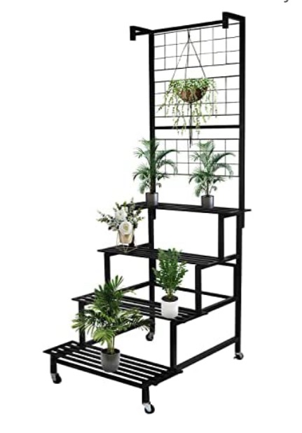 Photo 1 of (PARTS ONLY: missing hardware/manual) Baoz 4 Tier Hanging Plant Stand Heavy Duty Plant Stand With Swivel Wheels Metal Ladder Plant Shelf With Flower Pot Organizer Shelf Freestanding Plant Display Stand For Indoor Outdoor Terrace Garden Corner Balcony