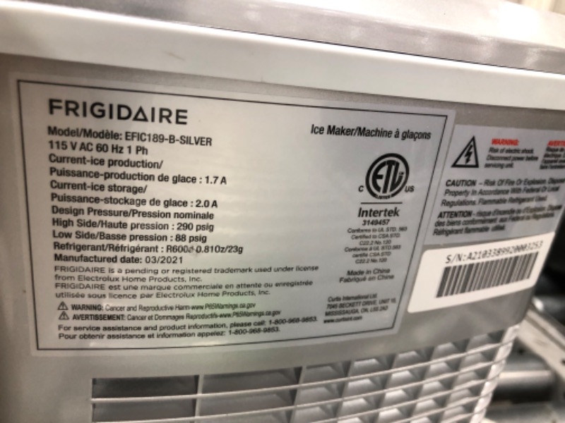 Photo 3 of **MINOR DAMAGE** PARTSONLY**FRIGIDAIRE EFIC189-Silver Compact Ice Maker, 26 lb per Day, Silver (Packaging May Vary)
