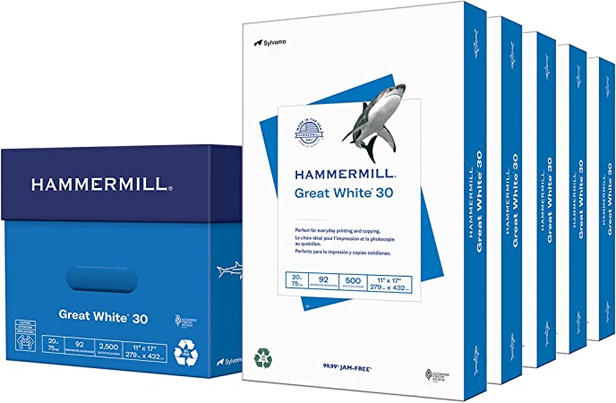 Photo 1 of Hammermill Printer Paper, Great White 30% Recycled Paper, 11 x 17-5 Ream (2,500 Sheets) - 92 Bright, Made in the USA, 086750C
