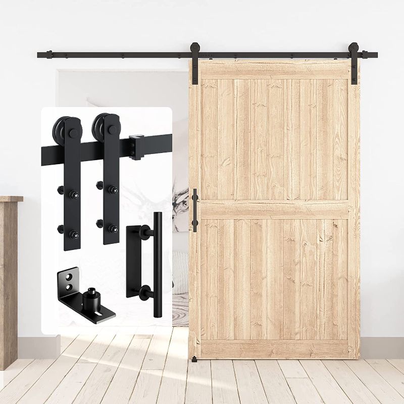 Photo 1 of 8FT Sliding Barn Door Hardware Kit, (Rail Kit & Pull Handle & Floor Guide), Fit 42"-48" Wide Door, Sturdy Heavy Duty Whole
