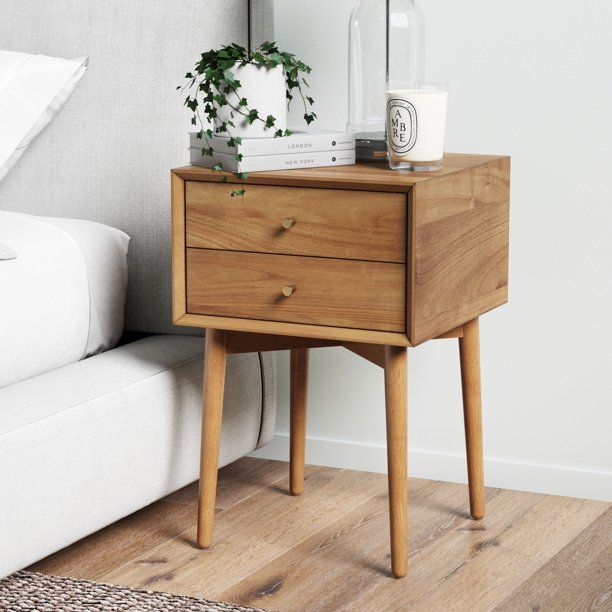 Photo 1 of **MISSING HARDWARE**
Nathan James Harper Mid-Century Oak Wood Nightstand with 2-Drawers, Small Side Table, End Table with Storage, Brown
