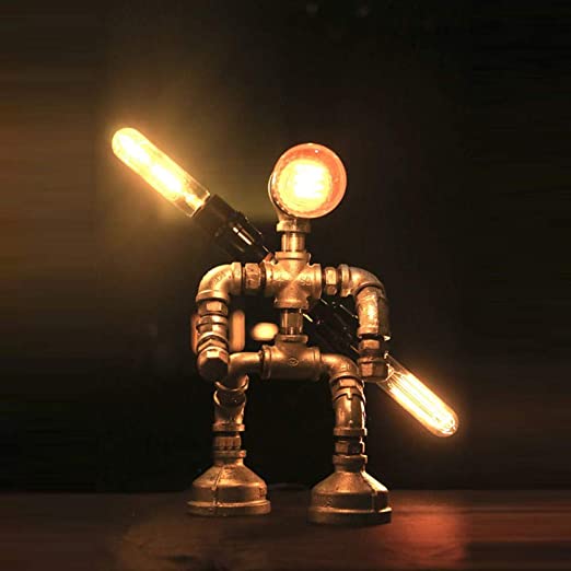 Photo 1 of BAYCHEER Industrial Table Lamp Retro Robot Lamp Night Light Lamps for Bedrooms Bar and Restaurant Creative Water Pipe Desk Light in Silver Finish 3 Lights Button Switch DAMAGED