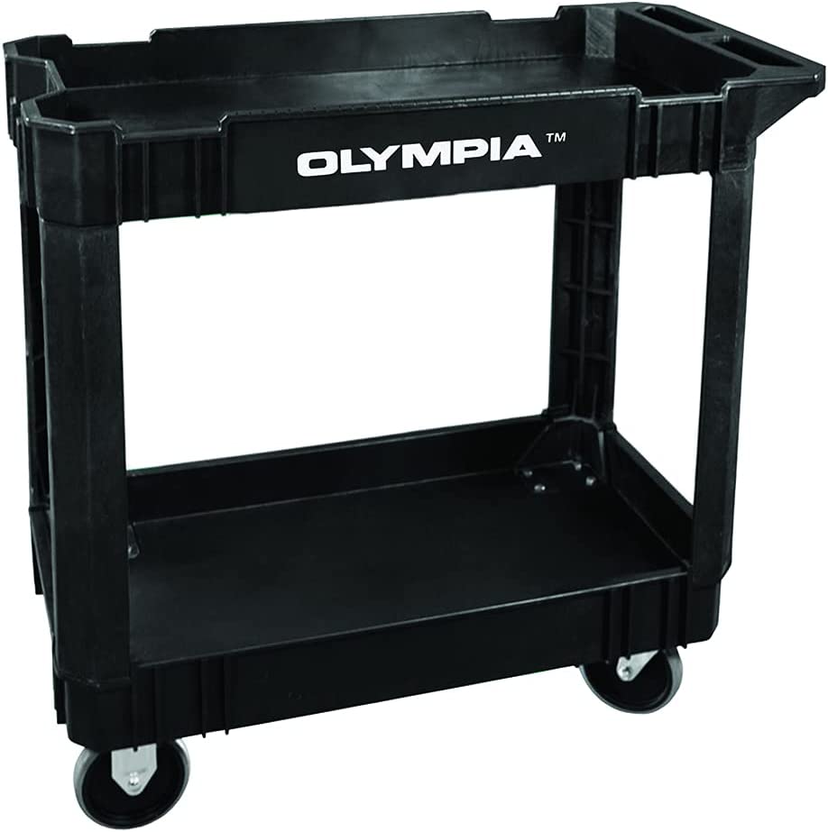 Photo 1 of Olympia Tools 2-Shelf Plastic Utility Cart - Supports Up to 500 lbs, Ergonomic Handle - Heavy Duty Plastic Utility Cart - Great for Warehouse, Garage, Manufacturing, Cleaning
