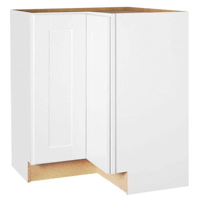 Photo 1 of (DAMAGED FRAME AND DOOR EDGE) Hampton Bay Shaker Satin White Stock Assembled Lazy Susan Corner Base Kitchen Cabinet (28.5 in. X 34.5 in. X16.5 in.)
