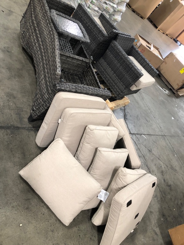 Photo 8 of (BENT/DENTED/TORN METAL&WICKER; DIRTY CUSHIONS; MISSING PILLOWS) 6-Piece Wicker Outdoor Patio Conversation Set with Beige Cushions and Swivel Rocking Chairs